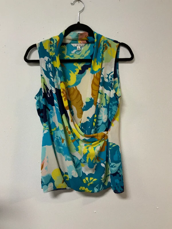 Cabi (S) blu grn yell tan tank flwr sequin tank top