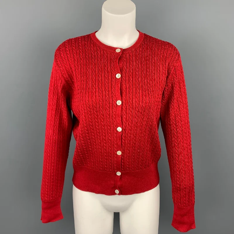 RALPH LAUREN Blue Label Size M Red Cable Knit Cotton Cardigan Spandex Rayon Corduroy