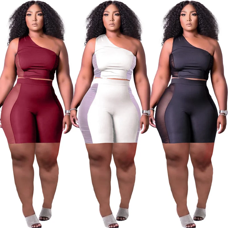 plus size women's trending clothing summer 2023 sleeveless one shoulder crop tank top 2 two piece shorts set women for women playful tank top