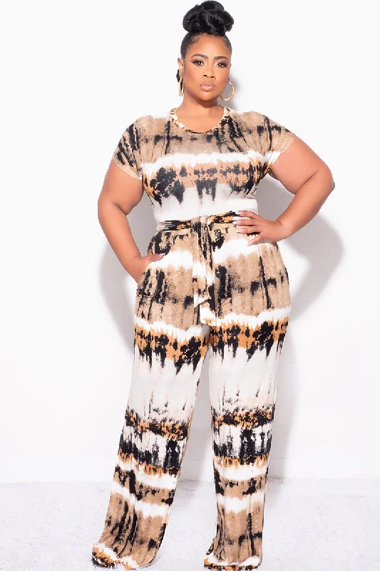Final Sale Plus Size 2-Piece Short Sleeve Tie Top and Pants Set in Ivory, Tan, Mustard and Black Modern Stretch Trousers