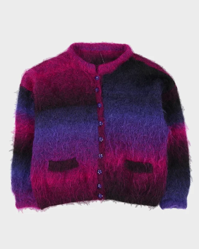 Purple Mohair Knitted Cardigan - L Ribbed Striped Patterned