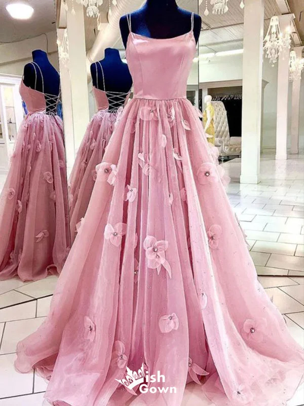 3D Flower A-line Spaghetti Straps Lace up Back Straight Neck Long Party Dress Prom Dresses,Evening Dress Online, WGP886 Tunics Travel practical