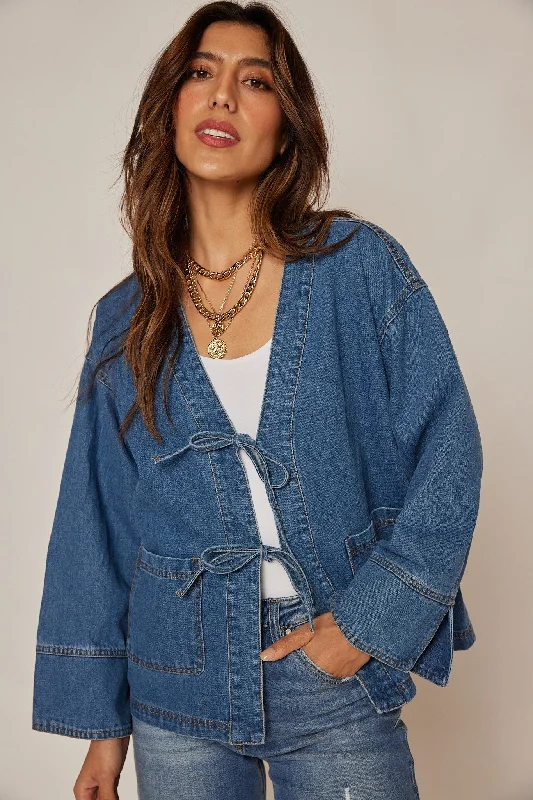 Bella Bow Denim Jacket Ribbed Jacket Pleated Jacket Ruffled Jacket