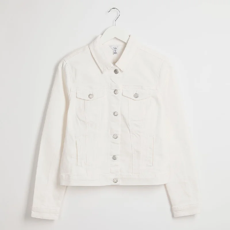 Ladies White Denim Jacket Hoodie Zip-Up Jacket Button-Up Jacket