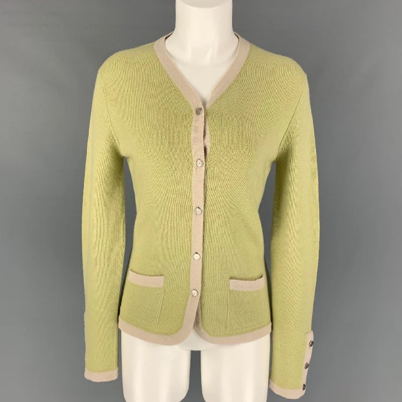 CHANEL Size 10 Chartreuse Cream Cashmere V-Neck Cardigan Hooded Cardigan Collared Cardigan Shawl Collar