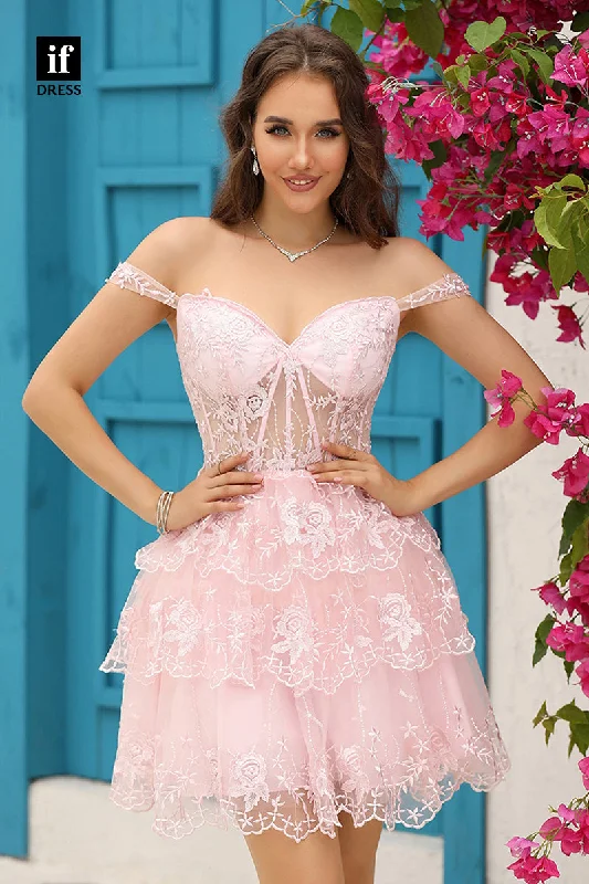 F1714 - Sweet A-Line Tiered Appliques V-Neck Short Cocktail Homecoming Party Dress Bodycon Fitted Nightout