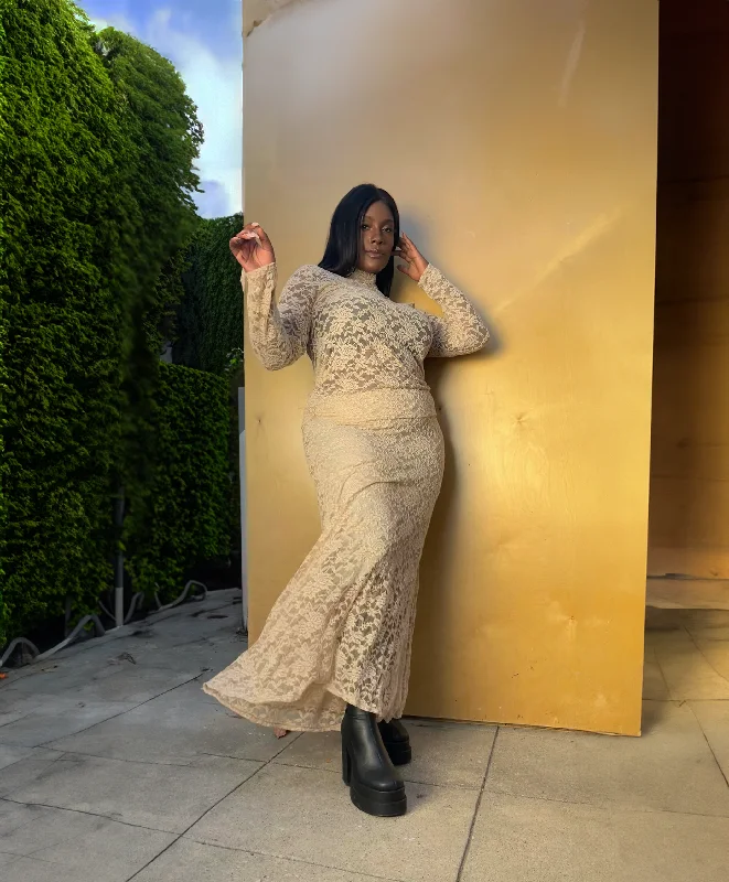Stretch Lace Turtleneck & Skirt Set - Cream leather skirt bold