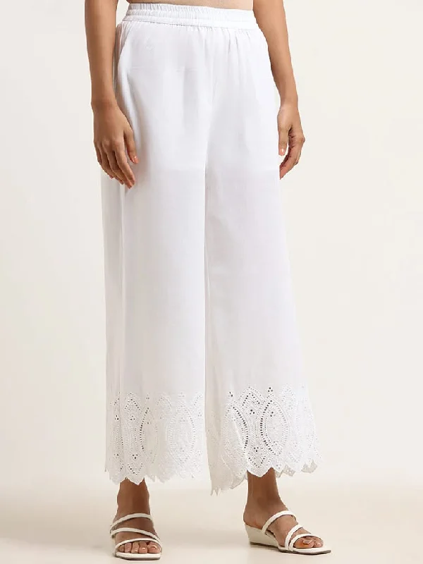 Zuba White Cotton Schiffli Pants Fashionable Button-Up Pants