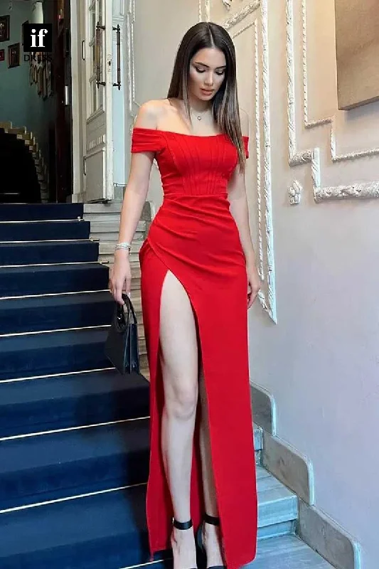 34917 - Chic Strapless High Slit Cap Sleeves Prom Evening Party Dress Tunics Sophisticated sleek