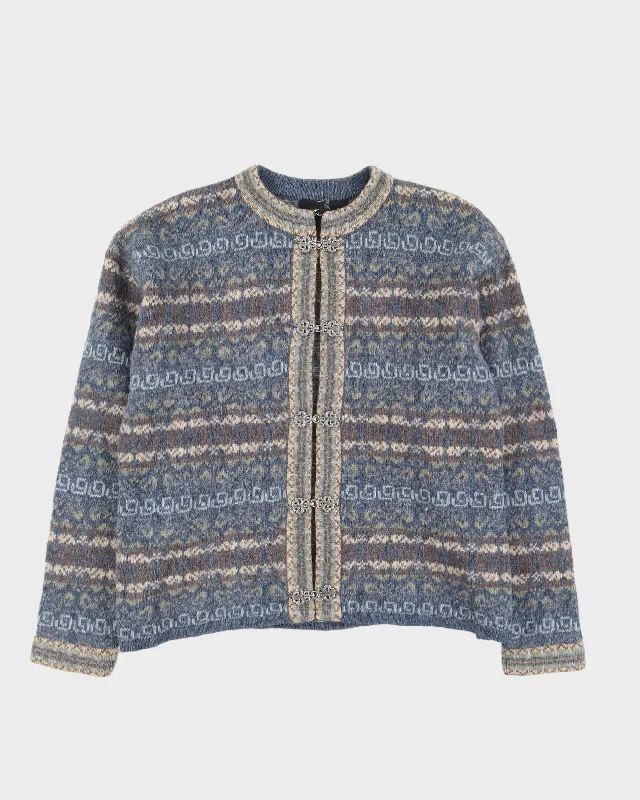 Blue Patterned Wool Knitted Cardigan - L Machine Wash Dry Clean Hand Wash