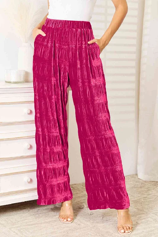 Double Take Full Size High Waist Tiered Shirring Velvet Wide Leg Pants - Full Size Stretch Fit Pants