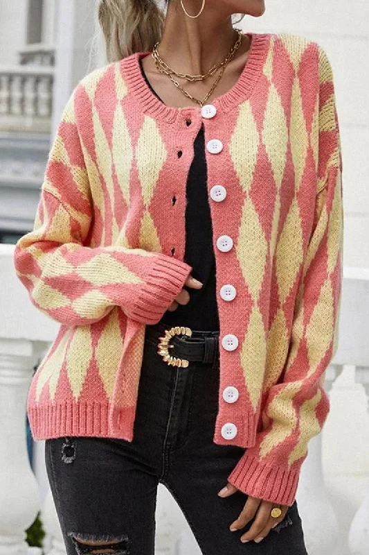 ROUND NECK BUTTON DOWN PLAID PATTERN CARDIGAN Faux Fur Fabric Real Fur Fabric Shearling Fabric