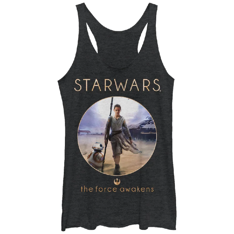 Women's Star Wars The Force Awakens Rey and BB-8 Adventure Racerback Tank Top turquoise tank top