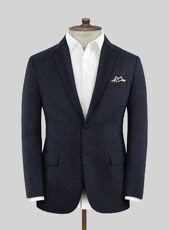 Scabal Qoiel Herringbone Blue Wool Jacket Front Pockets Side Pockets Patch Pockets