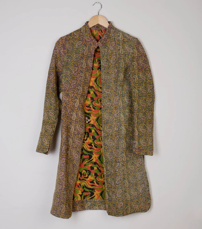 Green Vintage Cotton Kantha Jacket Front Pockets Side Pockets Patch Pockets