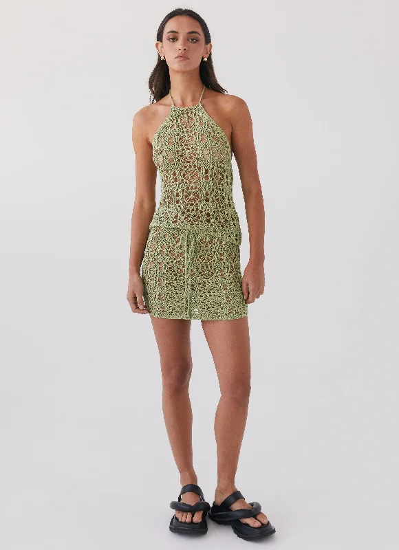 Free Mind Crochet Mini Skirt - Light Olive velvet skirt rich