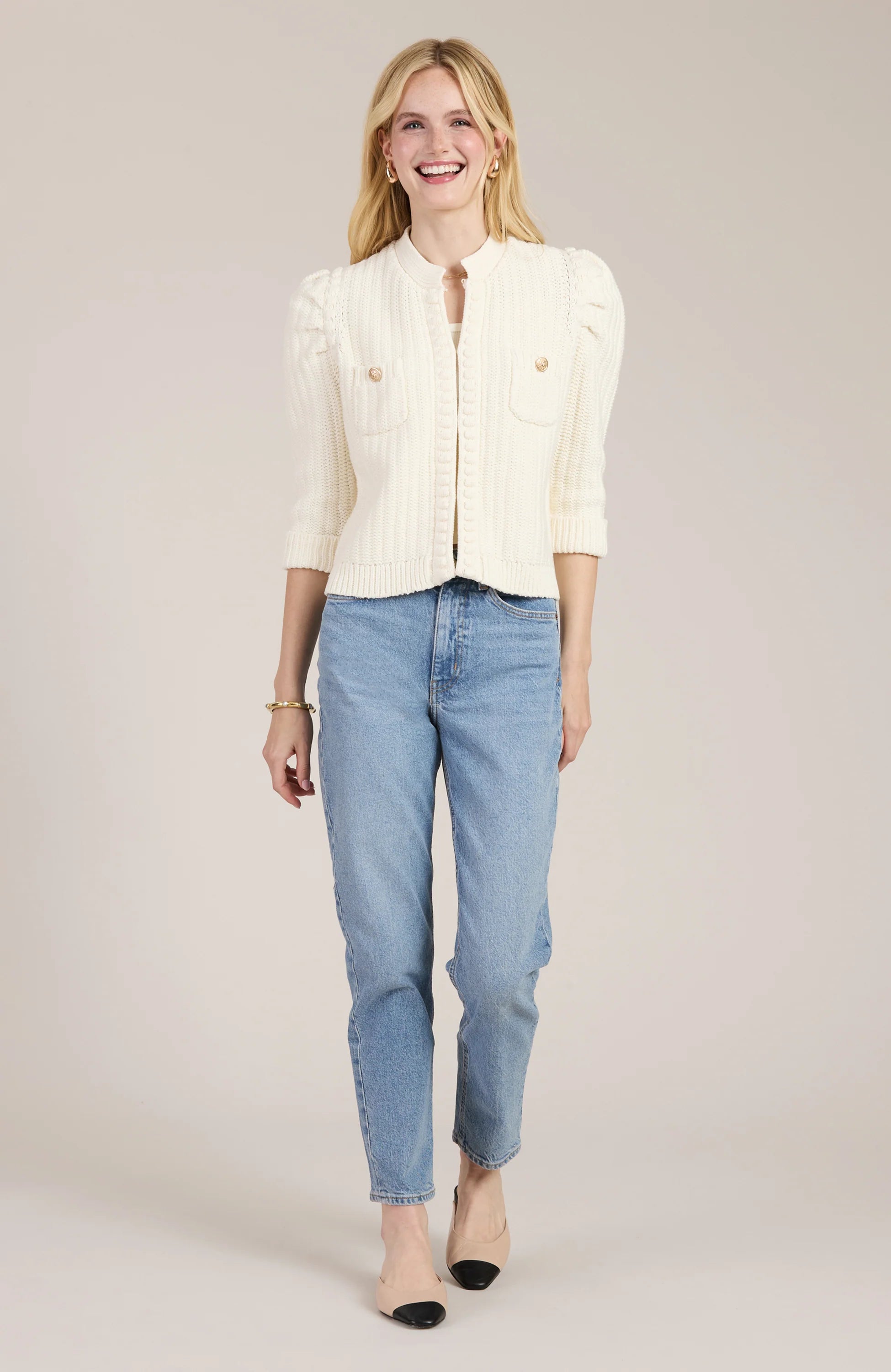 Tyler Boe Cotton Blend Knit Cardigan Ivory Satin Blend Silk Blend Wool Blend