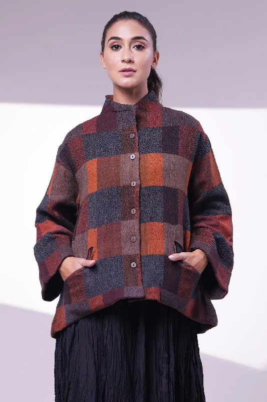Rust Wool Jacket A-Line Jacket Boat Neck Shawl Collar