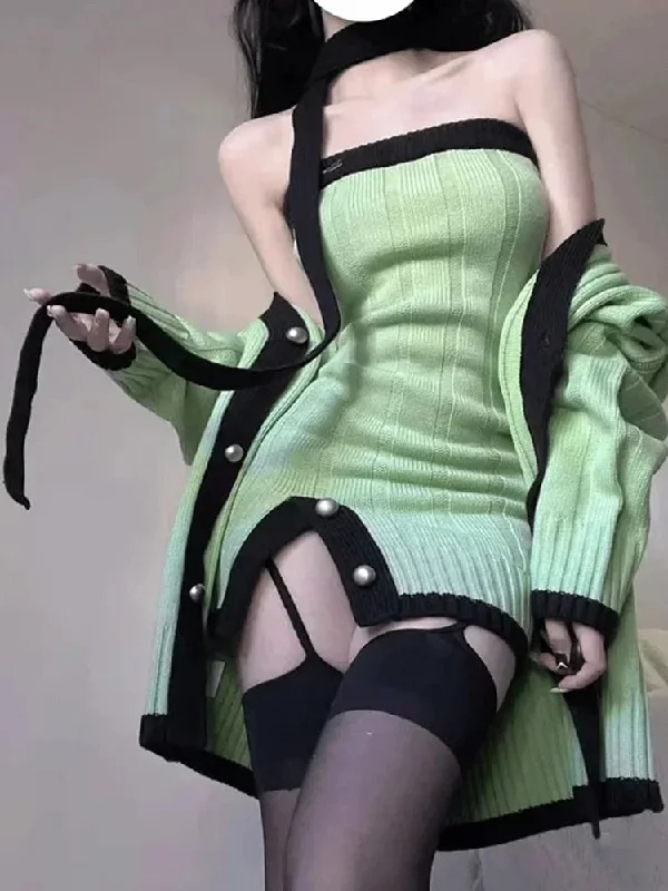 Green Goddess Knit Sweater Dress & Cardigan Modern Contemporary chic