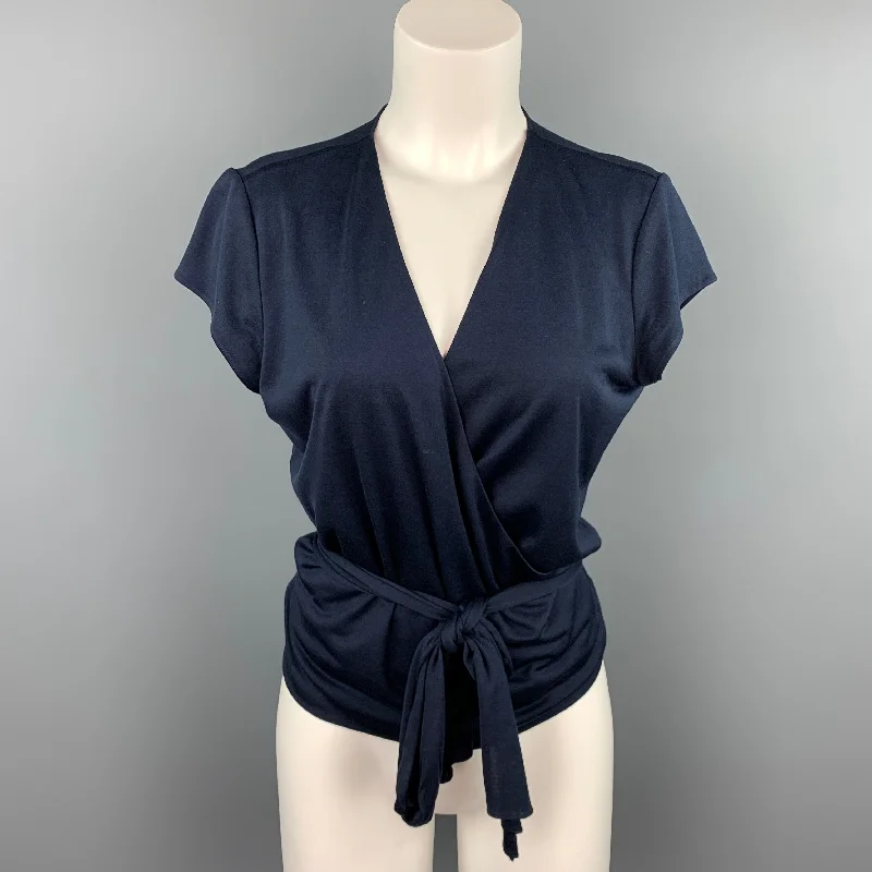 RALPH LAUREN Black Label Size L Navy Jersey Silk Wrap Short Sleeve Cardigan Print Jacquard Patchwork