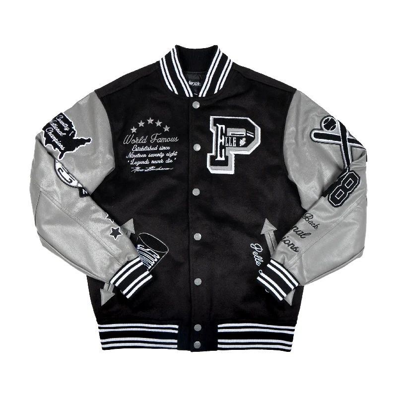 Pelle Pelle World Famous Wool and Leather Varsity Jacket - Black Zip Front Button Front Snap Front Pelle Pelle World Famous Wool and Leather Varsity Jacket - Black Zip Front Button Front Snap Front