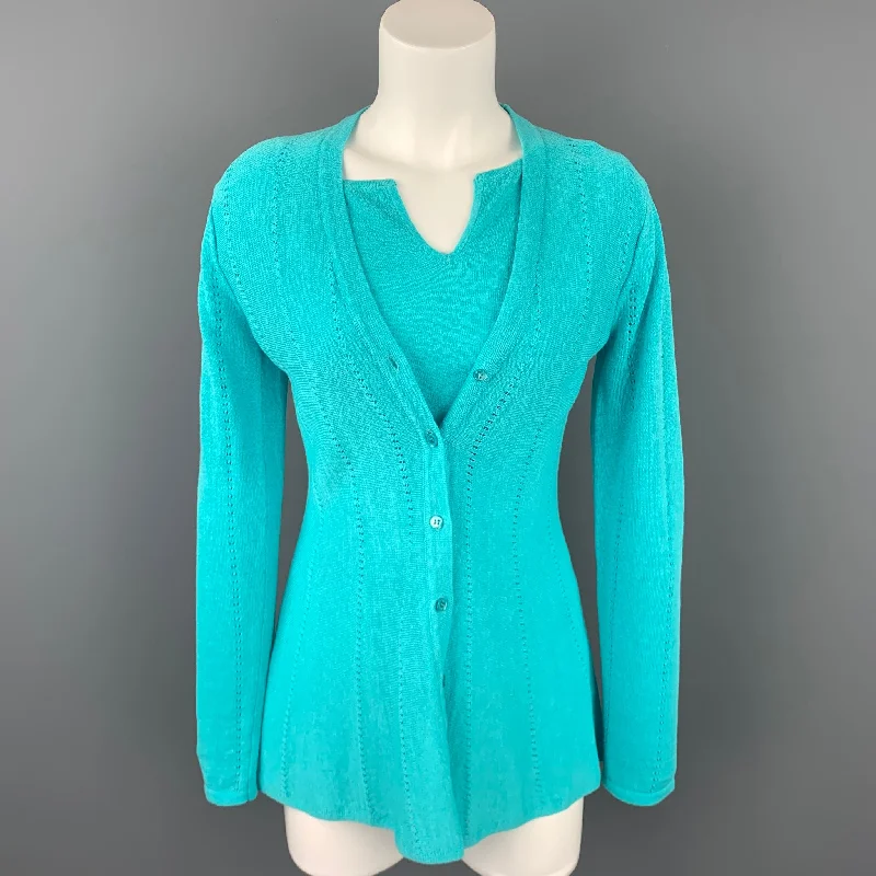 DONCASTER SIGNATURE Size XS Turquoise Linen Blend Cardigan 2 Piece Set Elasticated Padded Insulated