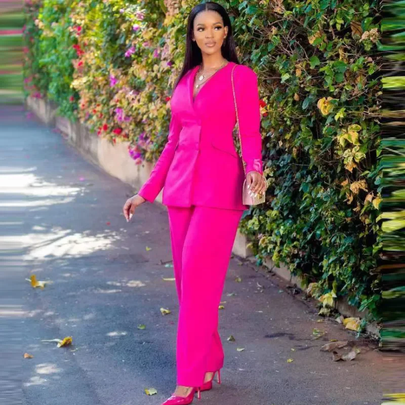 Women Fashion Solid Color V-Neck Long Sleeve Blazer Jacket Wide Leg Pants Two-Piece Set Nylon Jacket Polyester Jacket Spandex Jacket