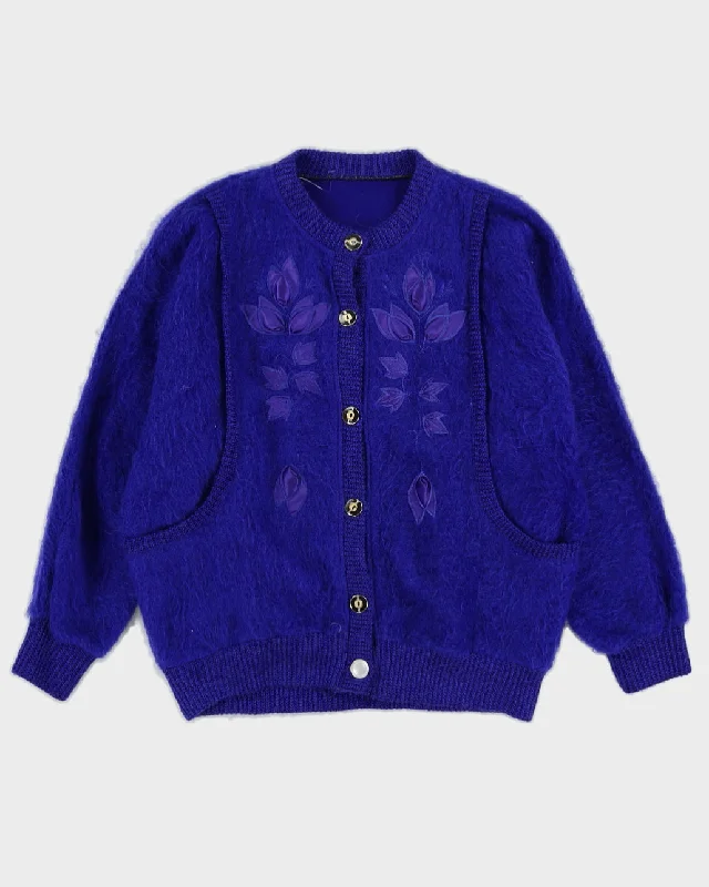 Blue Floral Applique Knitted Cardigan - L Modern Contemporary chic