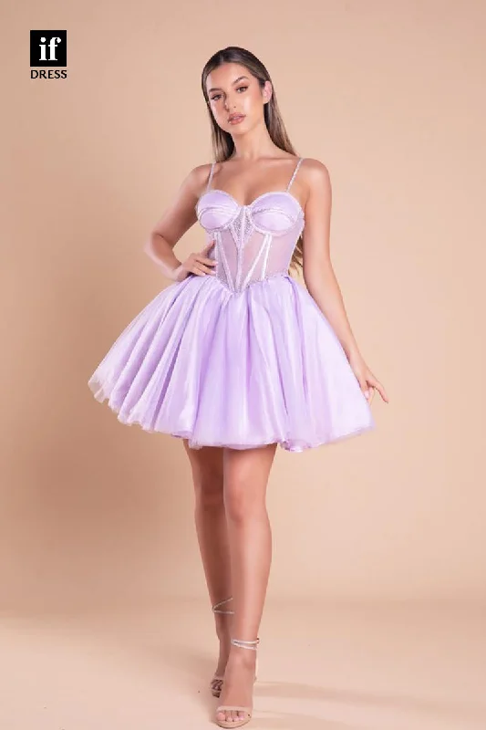 F1723 - A-Line Straps Sweetheart Tulle Short Cocktail Homecoming Party Dress empire Waist empire