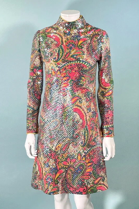 Leo Narducci Vintage 60s Paisley Print Sparkle Dress, Mod Sequin Party Dress XS/S Tunics Occasion special