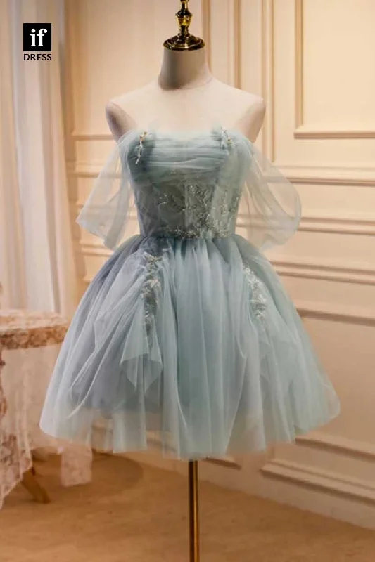 F1889 - Elegant Strapless A-Line Appliques Short Cocktail Homecoming Party Dress Boatneck Modish Everyday