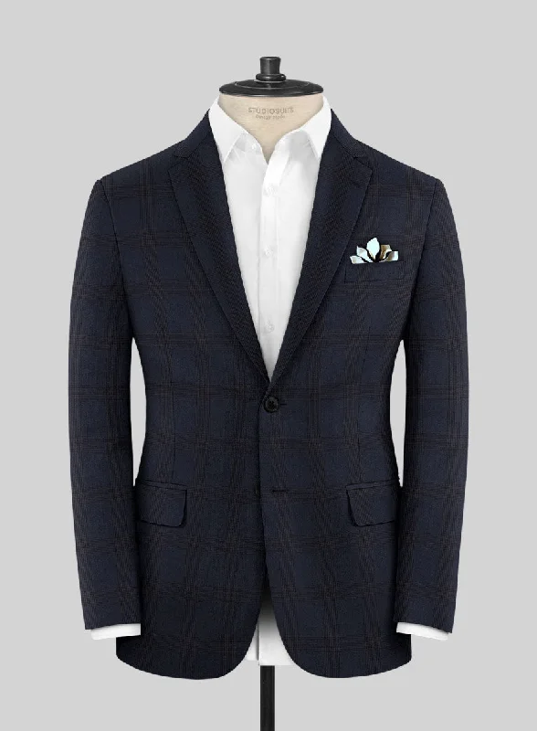 Scabal Aleyo Checks Blue Wool Jacket Zippered Front Buttoned Front Snap Front