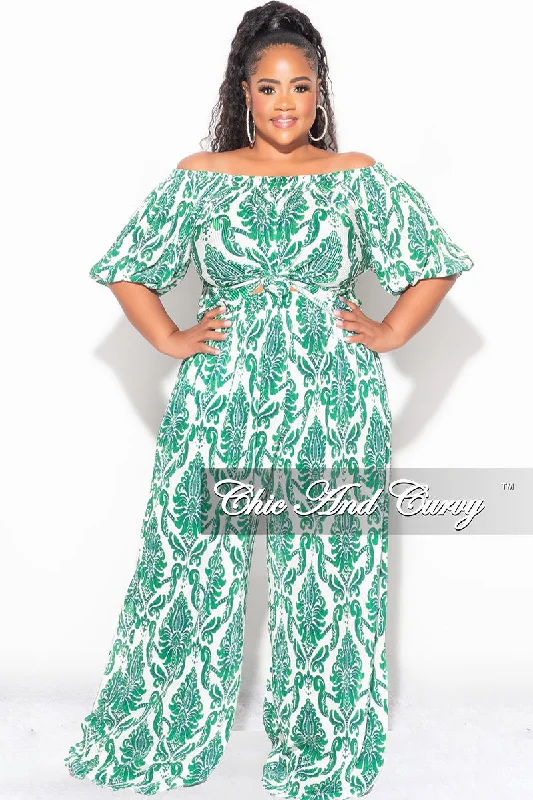 Final Sale Plus Size Off the Shoulder Pleated Tie Top and Palazzo Pants Set in Green and White Elegant High-Waist Pants