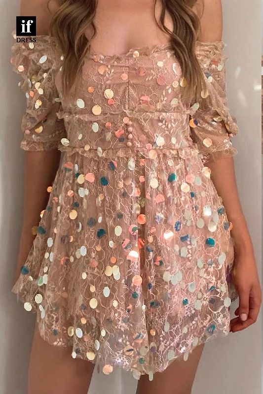 F1905 - Charming Strapless A-Line Sequins Short Cocktail Homecoming Party Dress Tunics Mesh breathable
