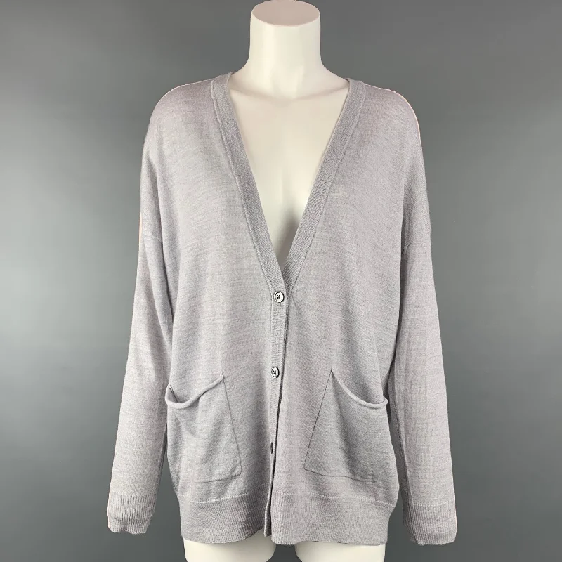 ATM Size M Light Gray & White Knitted Wool Buttoned Cardigan Houndstooth Herringbone Solid