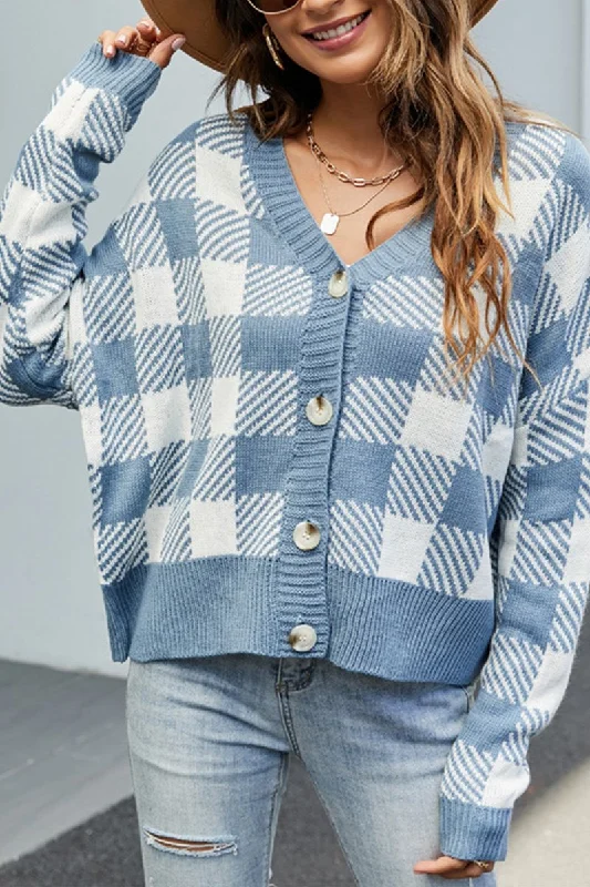 WOMEN OVERSIZED LOOSE FIT PLAID BUTTONED CARDIGAN Satin Fabric Silk Fabric Chiffon Fabric