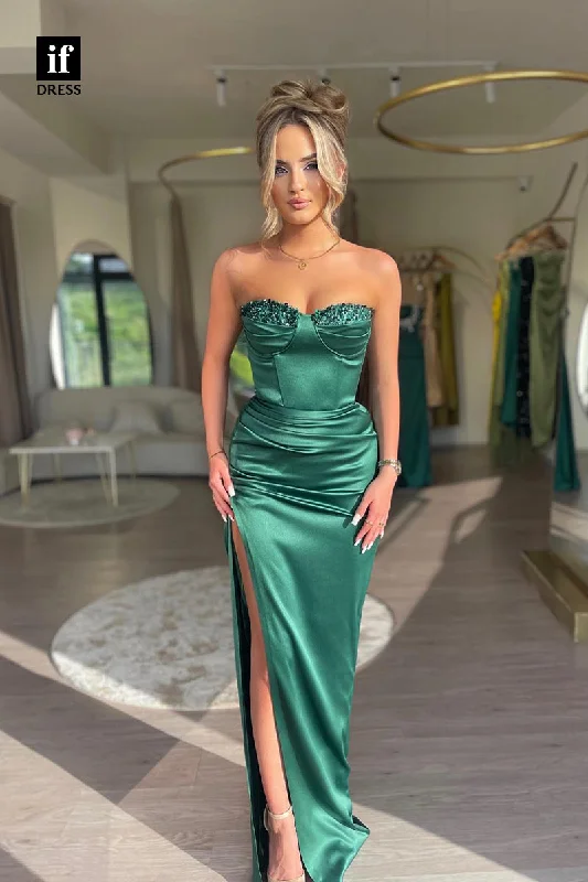 34814 - Off-Shoulder Top Sequins Pleats Side Slit Sleeveless Prom Party Dress Tunics Office stylish