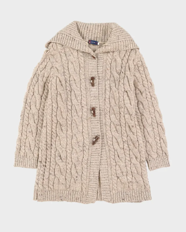 Beige Wool Long Knitted Cardigan - L Terry Blend Velvet Blend Canvas Blend