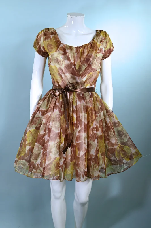 Carol Robins Vintage 60s Fit & Flare Party Dress, Browns/Greens Watercolor Print XS/S 24" W Tunics Handmade artisanal