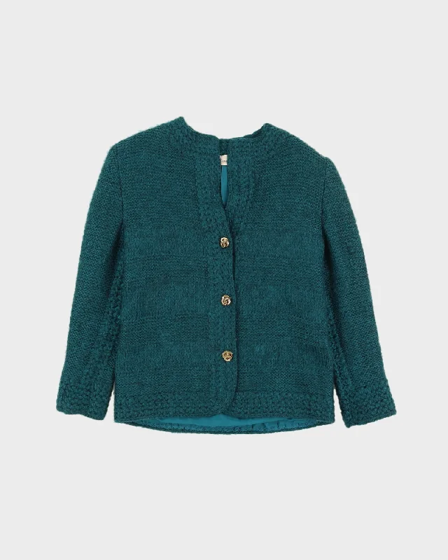 00s Aqua Green Knitted Cardigan - S Striped Floral Plaid