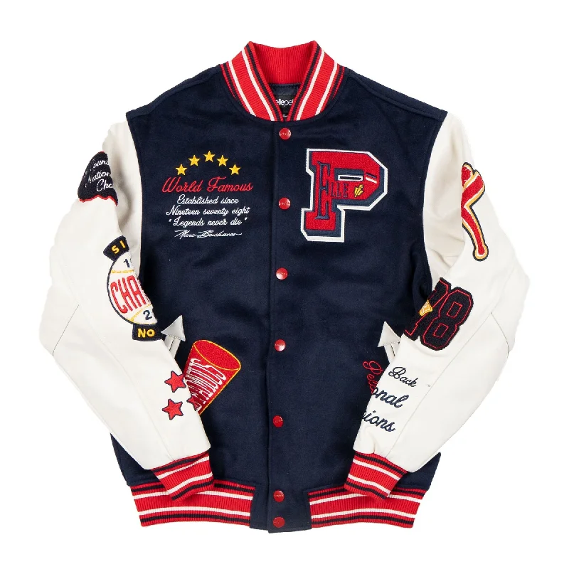 Pelle Pelle World Famous Wool and Leather Varsity Jacket - Navy Front Pockets Side Pockets Patch Pockets Pelle Pelle World Famous Wool and Leather Varsity Jacket - Navy Front Pockets Side Pockets Patch Pockets