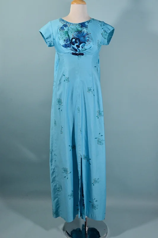 Vintage Beautiful Blue 50s Hawaiian Maxi Dress, Watteau Pleated Party Dress XXS Tunics Exclusive limited