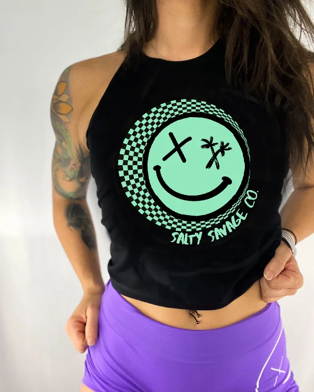 Salty Savage Ladies "Checkerboard Spiral" Flowy Racerback Crop Tank flowy tank top