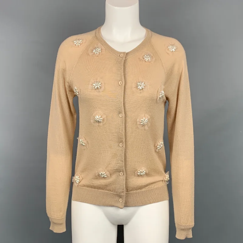 SIMONE ROCHA Size S Beige Merino Wool Blend Beaded Cardigan Front Pockets Side Pockets Patch Pockets