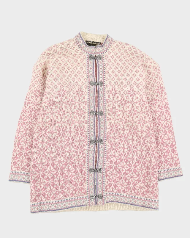 Norwegian Pink Patterned Knitted Cardigan - L Fitted Slim Tailored