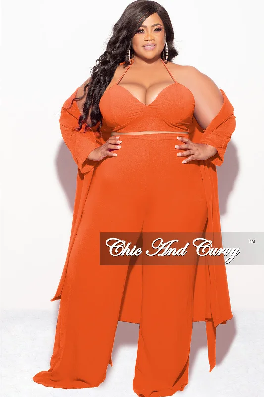 Final Sale Plus Size 3pc (Duster, Crop Self Tie Top & Pants) Set in Orange Casual Drawstring Pants