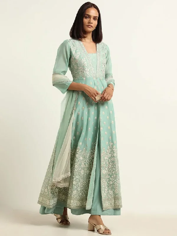 Vark Pista Green Kurta, Skirt & Dupatta Set linen skirt airy