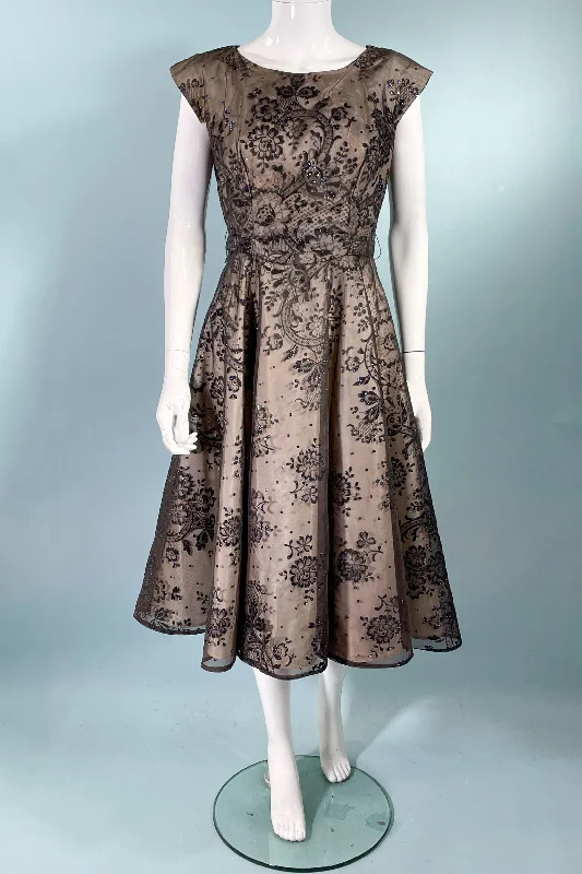 Vintage 50s Black Illusion Flocked Party Dress, Sparkles Belt Full Skirt, 30" Waist Tunics Cozy soft