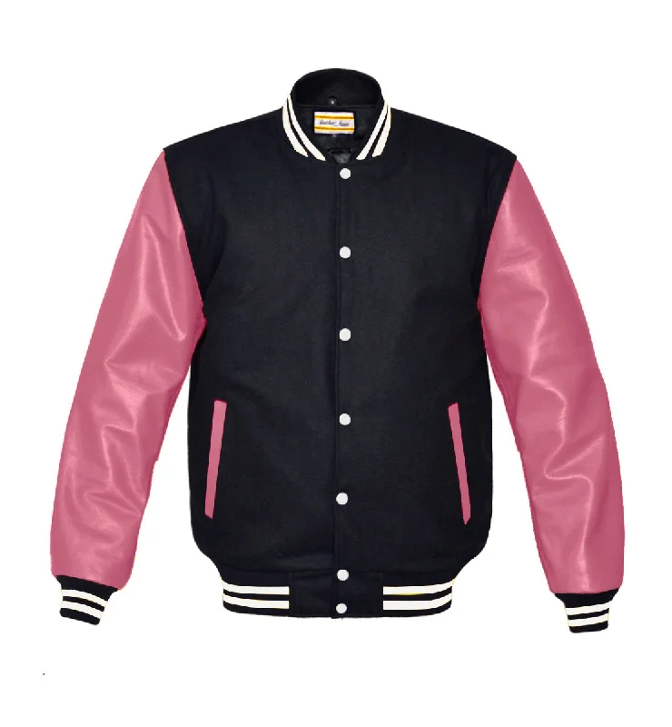 Superb Genuine Pink Leather Sleeve Letterman College Varsity Women Wool Jackets #PKSL-WSTR-WB Elasticated Jacket Padded Jacket Insulated Jacket