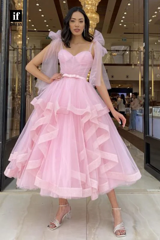 F1884 - Stylish Straps Ruched Tulle Knee-Length Prom Cocktail Homecoming Party Dress A-Line Day Work